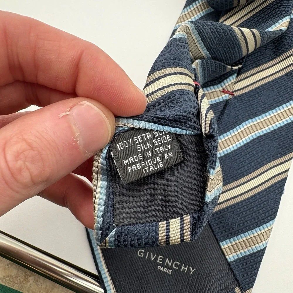Givenchy Paris Silk Tie Navy Blue Tan Light Blue Diagonal Stripe Made in Italy